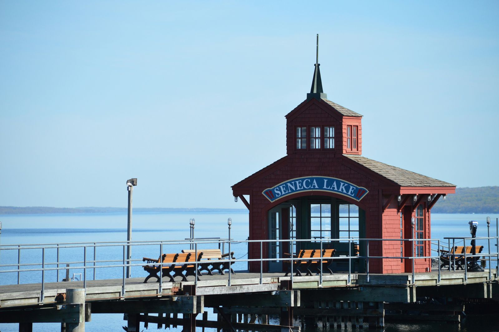 The Seneca Lake pier house on a clear morning
